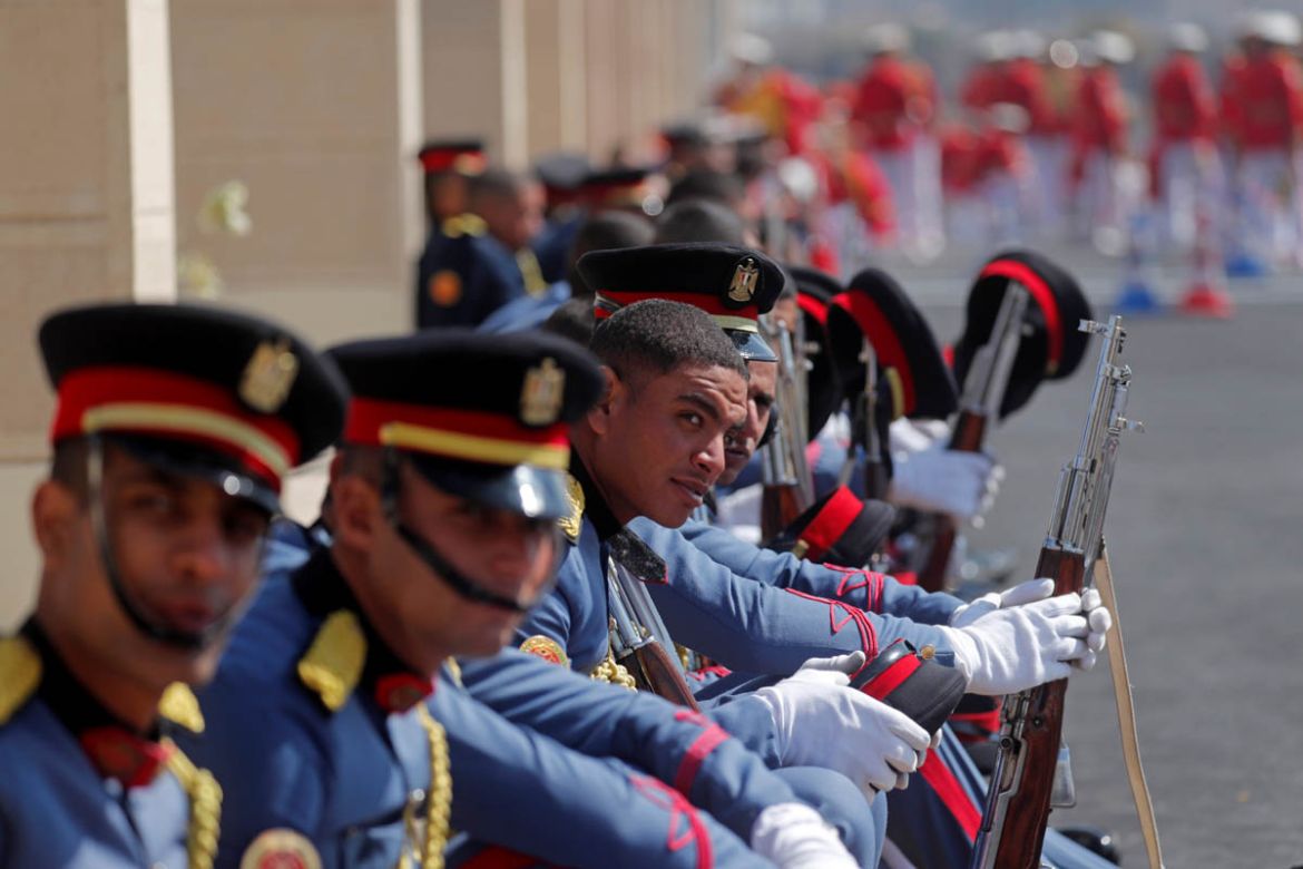 Guards wait for the start of former Egyptian President Hosni Mubarak''s funeral at Field Marshal Mohammed Hussein Tantawi Mosque east of Cairo, Egypt February 26, 2020. REUTERS/Amr Abdallah Dalsh - RC2