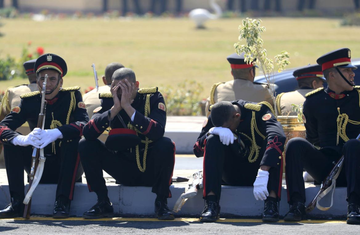 Egyptian honour guards wait as they attend the funeral of former president Hosni Mubarak at Cairo''s Mosheer Tantawy mosque in the eastern outskirts of the Egyptian capital on February 26, 2020. - Muba