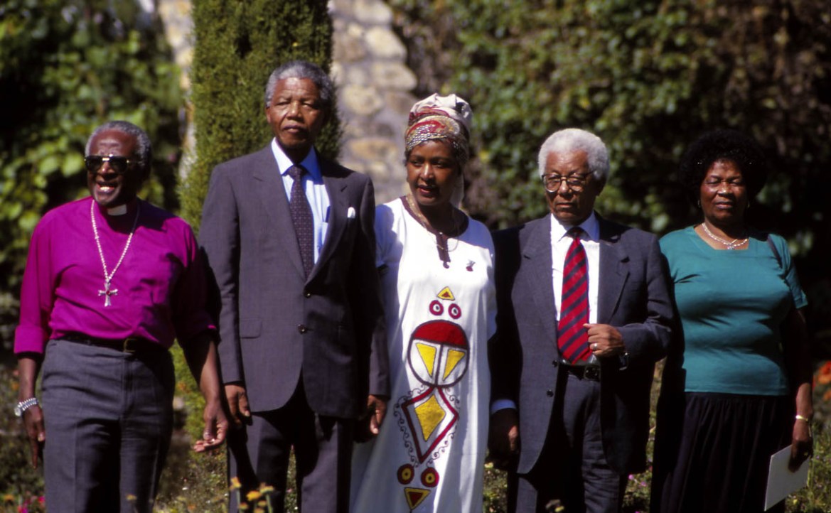 Portrait of, from left, anti-apartheid leaders Archbishop Desmond Tutu, Nelson Mandela, Winnie Mandela, Walter Sisulu, and Albertina Sisulu, Cape Town, South Africa, February 12, 1990. (Photo by Susan