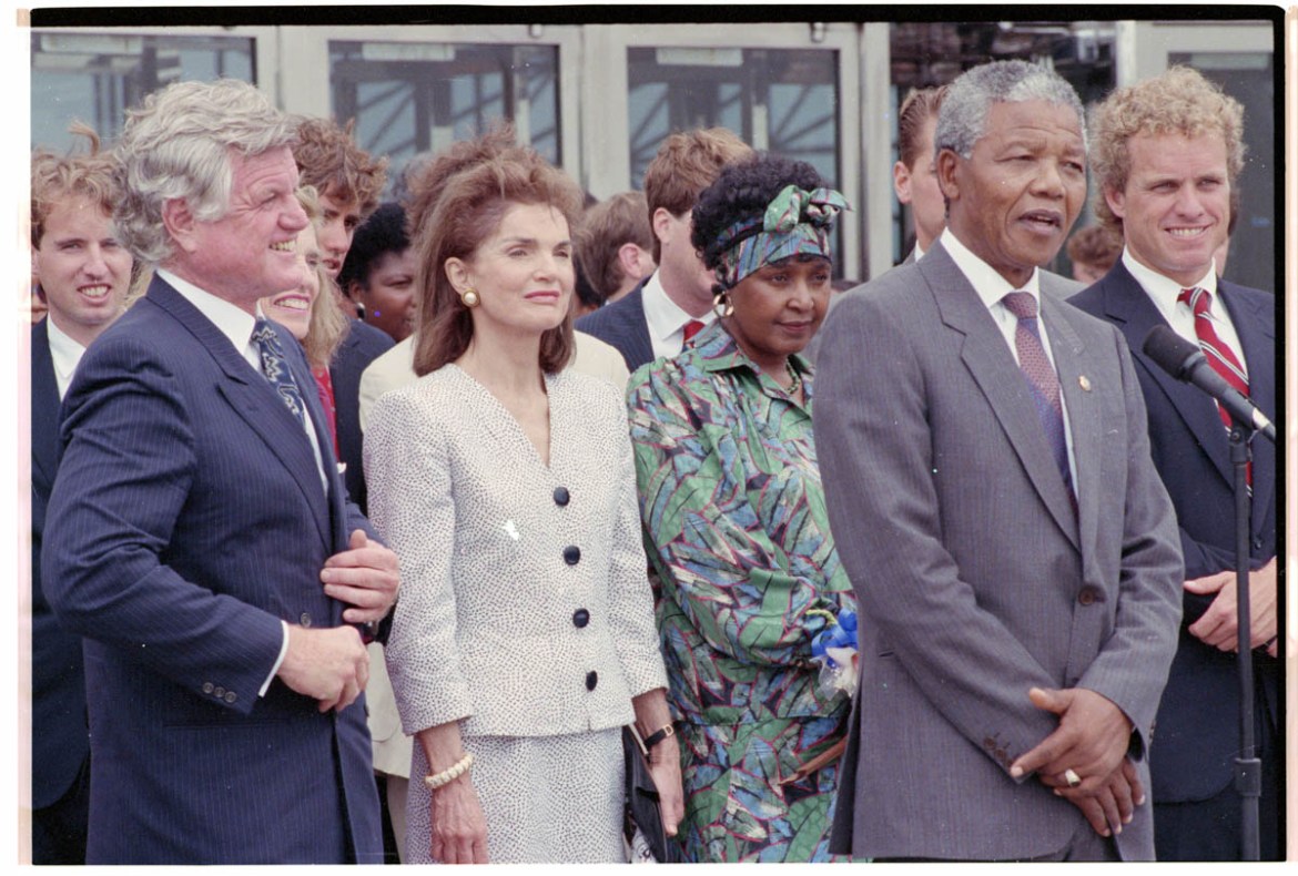 Anti-apartheid activist Nelson Mandela meets with members of the Kennedy family in Boston during a 1990 tour of the United States following his release from a South African prison. In front, from left