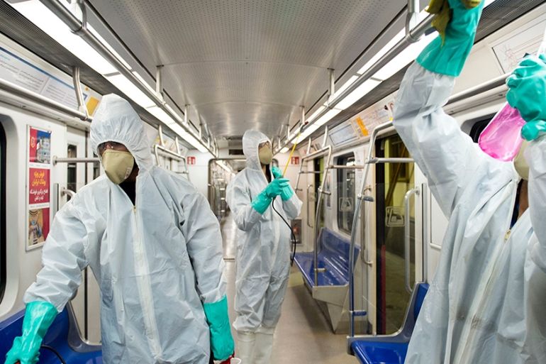 Workers disinfect subway trains against coronavirus in Tehran, Iran, in early morning of Tuesday, Feb. 25, 2020. Iran''s government said Tuesday that more than a dozen people had died nationwide from t