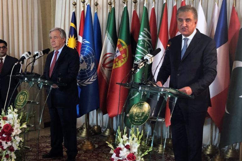 Pakistan''s Foreign Minister Shah Mahmood Qureshi and United Nations Secretary-General Antonio Guterres address a joint news conference, in Islamabad