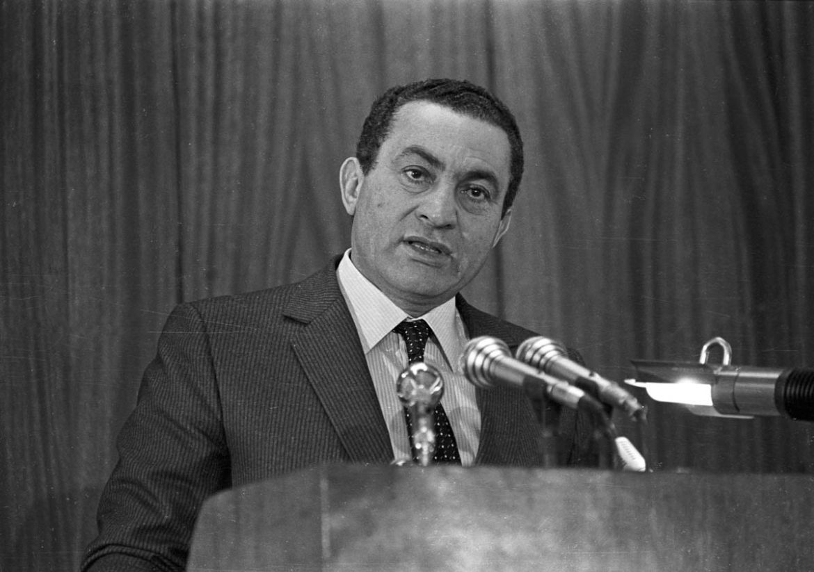 Egyptian President Hosni Mubarak gives a speech at Cairo''s Police Academy January 24, 1985. He defended his country''s human rights record and praised the role of security authorities in maintaining or