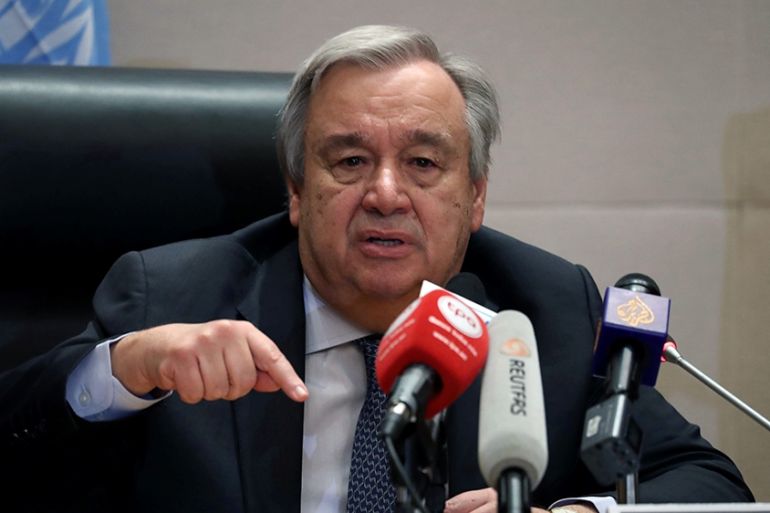 Antonio Guterres, United Nations (UN) Secretary General, speaks at a news conference at the 32nd Ordinary Session of the Assembly of the Heads of State and the Government of the African Union (AU) in