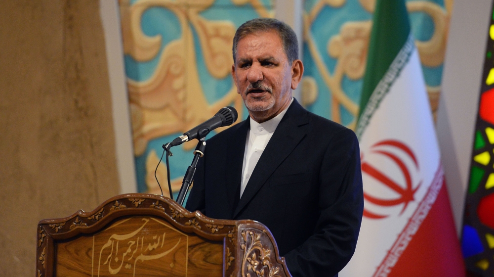 First Vice-President of Iran Eshaq Jahangiri delivers a speech during 