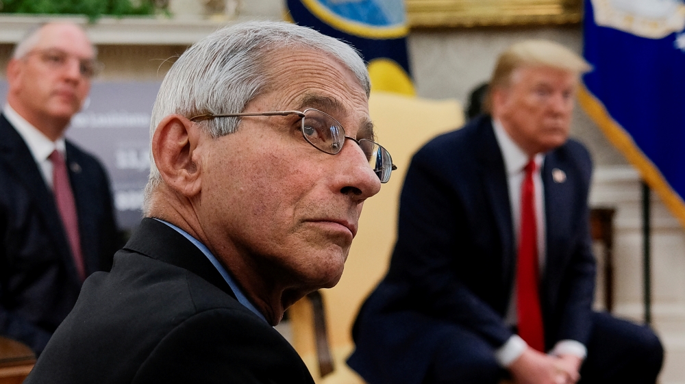 Dr. Anthony Fauci attends Trump-Bel Edwards coronavirus response meeting at the White House in Washington