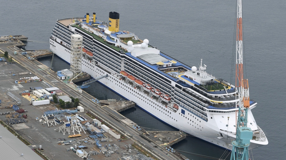 An aerial view shows Italian cruise ship Costa Atlantica in Nagasaki, Japan