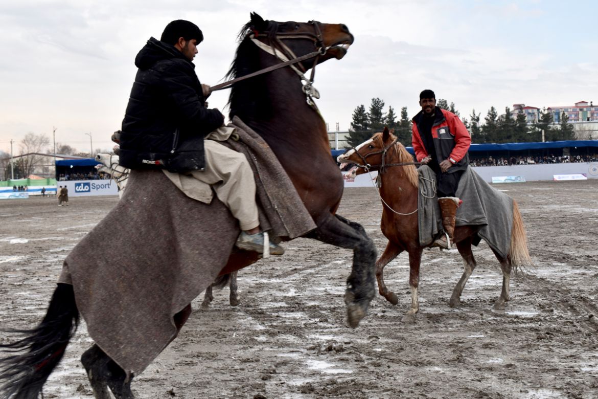 Players prepare the horses ahead of a game, on the second day of the Buzkashi league at Chaman-e-Hazouri stadium in Kabul. Photo by Hikmat Noori.