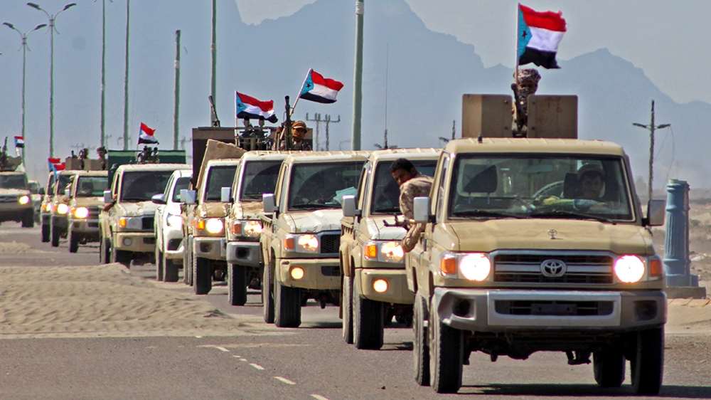 (FILES) A file photo taken on November 26, 2019, shows a reinforcement convoy of Yemen's Security Belt Force dominated by members of the the Southern Transitional Council (STC) seeking independence fo