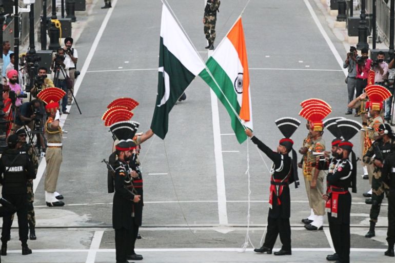 Pakistani Rangers and Indian Border Security Force officers at Wagah border, near Lahore