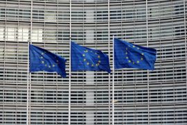 European Union flags flutter outside the EU Commission