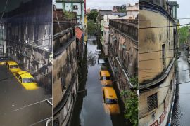 (COMBO) This combination of handout pictures created on May 21, 2020, and taken on May 20 and 21, 2020, received as a courtesy of Satyaki Sanyal shows vehicles in a flooded alleyway after the landfall