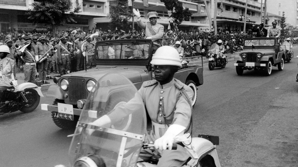Joseph Kasa-Vubu, first president of the Republic of Congo (ex-Zaïre and now RDC Democratic Republic of Congo) waves to the crowd, on June 30, 1960 during the celebrations of the 5th anniversary of in