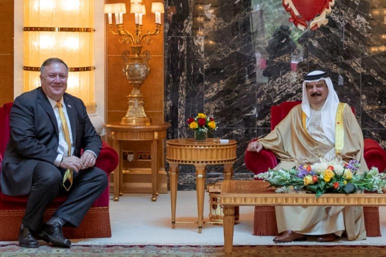 US Secretary of State, Mike Pompeo meets with Bahrain King Hamad bin Isa Al Khalifa during his visit to Manama, Bahrain, August 26, 2020. Bahrain News Agency/Handout via REUTERS