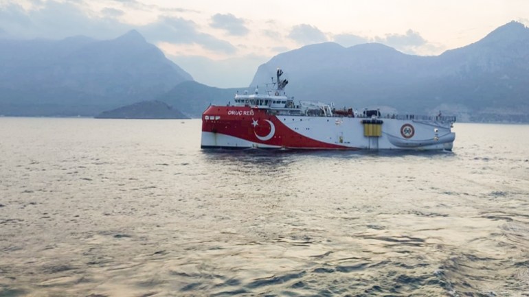 Turkish seismic research vessel Oruc Reis sails through Mediterranean after leaving a port in Antalya, Turkey, August 10, 2020. Turkish Ministry of Energy/Handout via REUTERS THIS IMAGE HAS BEEN SUPPL