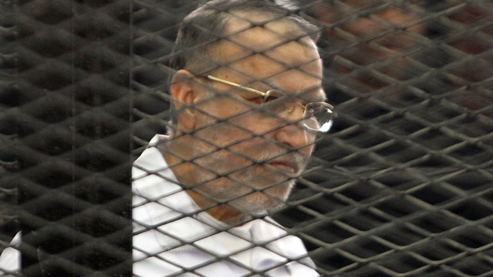 Egyptian Muslim Brotherhood senior member Essam al-Eryan is seen inside the defendant's cage during his trial in the police institute near Cairo's Turah prison on December 11, 2013. The trial of Egypt