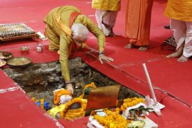 Indian Prime Minister Narendra Modi performs rituals during the groundbreaking ceremony of the new temple in Ayodhya, India, Aug. 5, 2020 [AP Photo/Rajesh Kumar Singh]