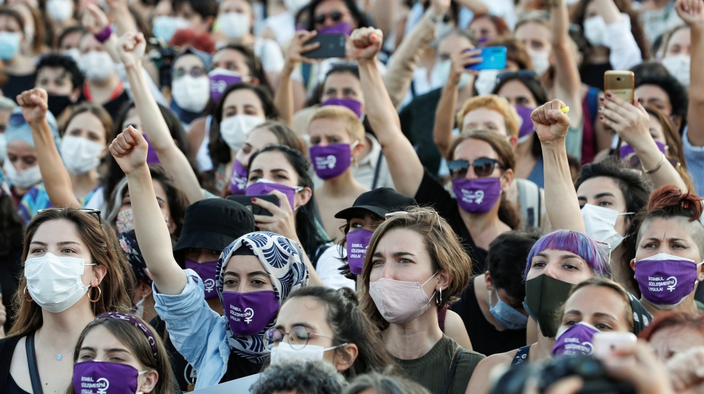Women shout slogans during a protest against femicide and domestic violence, in Istanbul, Turkey August 5, 2020. The ruling AK Party is considering to withdraw from the Council of Europe's Istanbul C