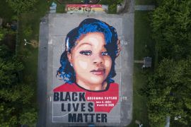 An image made with a drone shows a mural of Breonna Taylor, who was killed in her own apartment by Louisville, Kentucky police officers, on two basketball courts in Annapolis, Maryland, USA, 08 July 2
