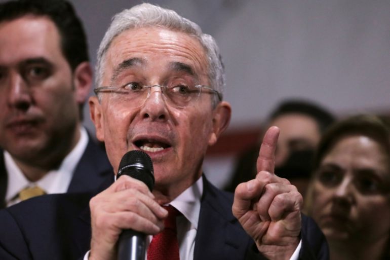 FILE PHOTO: Colombia''s former president Alvaro Uribe, speaks during a news conference after a private hearing at Supreme Court of Justice, in Bogota,