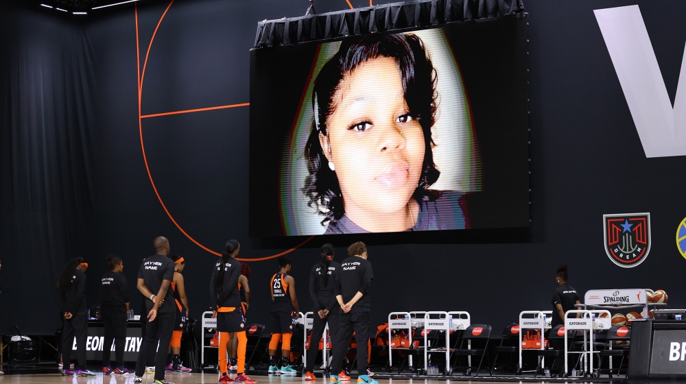 The Connecticut Sun honor Breonna Taylor prior to a game against the Minnesota Lynx on August 1, 2020 at Feld Entertainment Center in Palmetto, Florida. NOTE TO USER: User expressly acknowledges and a
