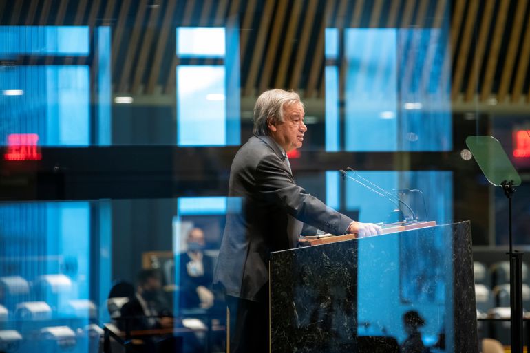 UN Secretary General Antonio Guterres speaks during the 75th annual U.N. General Assembly, which is being held mostly virtually due to the coronavirus disease (COVID-19) pandemic