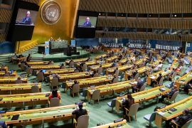 epa08686956 A handout photo made available by UN photo shows a view of the 75th General Assembly of the United Nations, in New York, New York, USA, 21 September 2020. Due to the COVID-19 coronavirus p