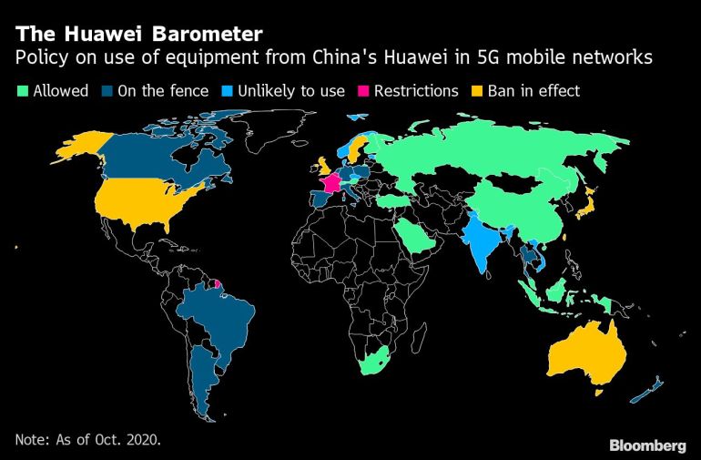 Policies on use of Huawei 5G equipment map [Bloomberg]