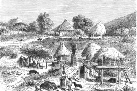 A shatra (village) founded by Roma slaves, as depicted in an 1860 engraving by Dieudonne Lancelot [Wikimedia commons]
