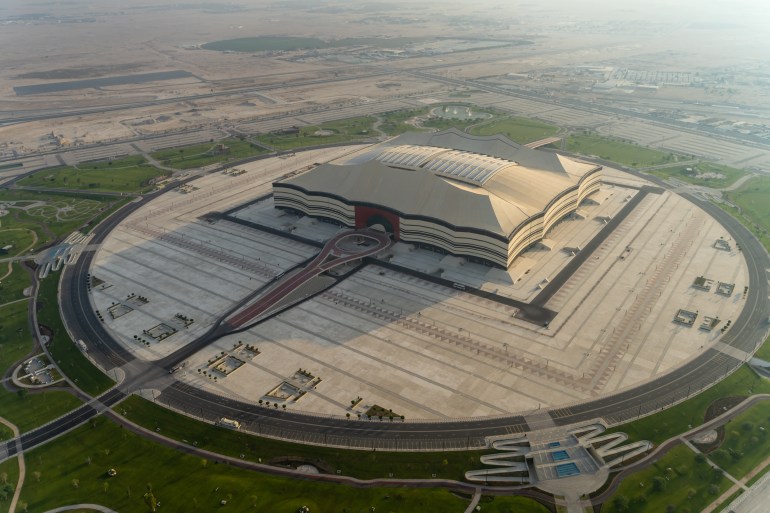 Aerial view of Al Bayt Stadium in Al Khor, Qatar