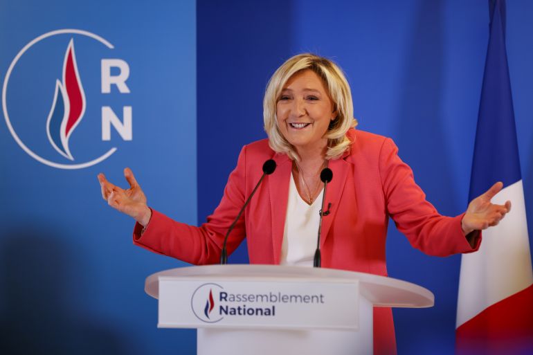 Marine Le Pen seen as he delivers a speech