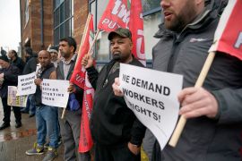 Uber drivers protest outside the Uber offices on May 8, 2019 in Birmingham, England [Photo by Christopher Furlong/Getty Images]