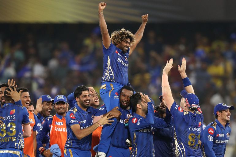 The Mumbai Indians celebrate after they defeated the Chennai Super Kings during the Indian Premier League Final match in Hyderabad, India