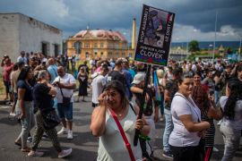 People protest during a rally against police in Teplice, Czech Republic, 26 June 2021. Hundreds of people remembered slain Roma, Stanislav Tomas, who died in the city a week ago shortly after being arrested by police. The originally planned commemoration turned into a march to the police station. Police officers intervened on 19 June, because of a fight between two men who were also damaging other people's cars. When the patrol arrived at the scene, one of the men was lying on the ground with apparent injuries, according to police. When the officers approached him, he became aggressive and attacked them, police said. Footage of the arrest shows police officer kneeling at various times on the man's neck and back. A forensic autopsy ruled out a connection between the deaths and the police intervention, but the autopsy report points to drug impairment, a police spokesman said earlier. Officers insist the death was not related to the intervention. The Council of Europe and the Czech branch of the human rights organization Amnesty International have called for a thorough investigation of the incident. EPA-EFE/MARTIN DIVISEK