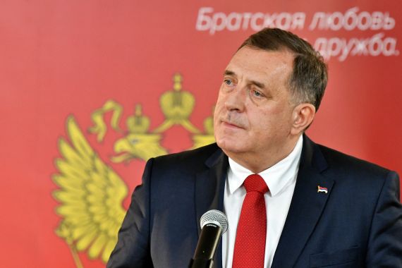 Chairman of Bosnia and Herzegovina's tripartite presidency, Milorad Dodik addresses journalists, after meeting with Russian Foreign Minister in East-Sarajevo
