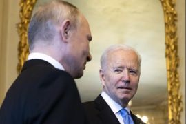 Russian President Putin and his American counterpart Biden are seen talking at the June 21 US-Russia summit in Geneva