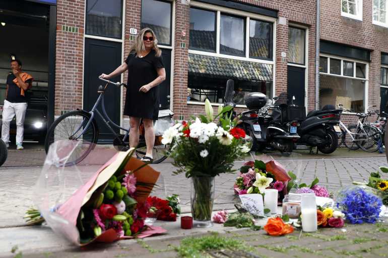 Flowers, candles and messages of support to Dutch crime reporter Peter R. de Vries in the Lange Leidsedwarsstraat in the center of Amsterdam, the Netherlands, 07 July 2021.