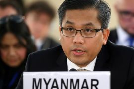 Myanmar's United Nations ambassador Kyaw Moe Tun addresses the U.N. Human Rights Council in Geneva