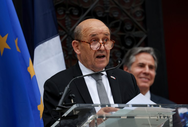 French foreign minister Jean-Yves Le Drian delivers a speech