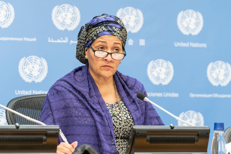 NEW YORK, UNITED STATES - 2021/09/23: Hybrid press briefing on the UN Food Systems Summit by Deputy Secretary-General Amina Mohammed in UN Headquarters.