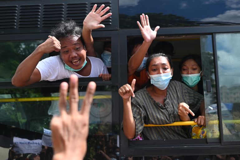 Detainees released from Insein Prison celebrate in Yangon
