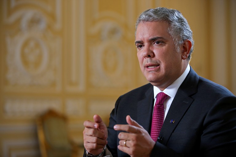 Colombian President Ivan Duque speaks during an interview