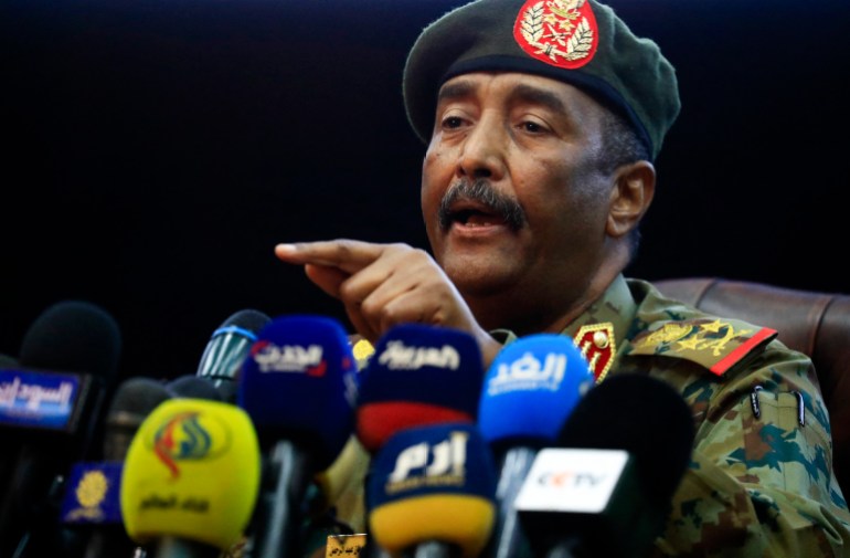 Sudan's top army general Abdel Fattah al-Burhan speaks during a press conference at the General Command of the Armed Forces in Khartoum