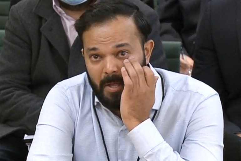 A video grab from footage broadcast by the UK Parliament's Parliamentary Recording Unit (PRU) shows former Yorkshire cricketer Azeem Rafiq