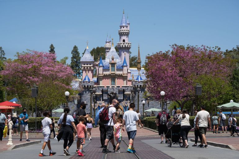 The Sleeping Beauty Castle during the reopening of the Disneyland theme park in Anaheim, California, US