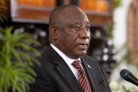 South African President Cyril Ramaphosa speaks during former South African President FW de Klerk's state memorial service at the Groote Kerk church in Cape Town