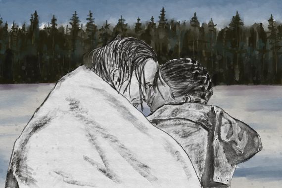 An illustration shows land defender Jocey Alec being hugged by her partner, their foreheads pressed together, as he holds a blanket around them both. There is snow on the ground and tall fir trees behind them.