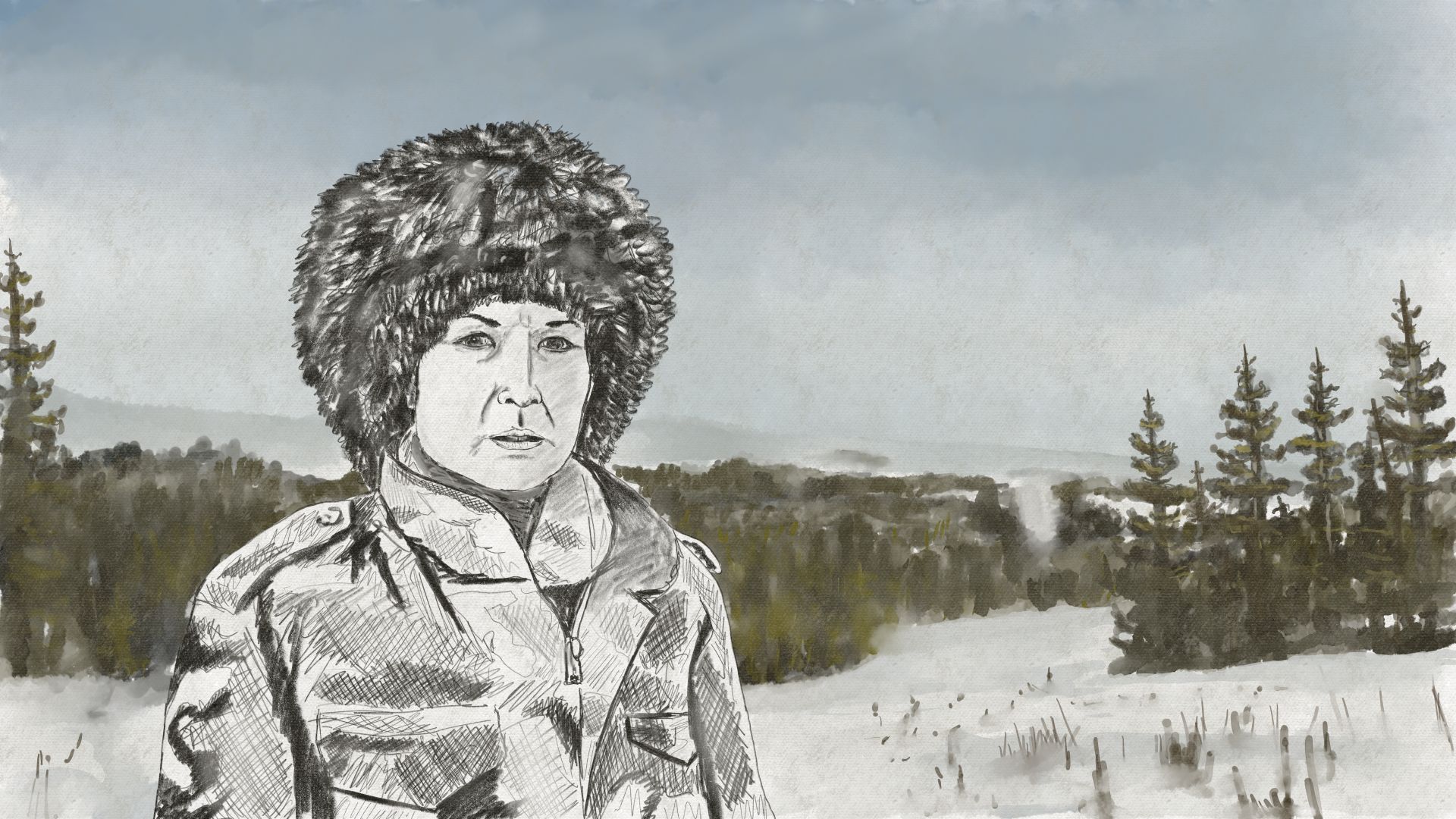 An illustration shows Molly Wickham on Wet'suwet'en land. There is snow on the ground, thick forests behind her and a mountain in the distance.
