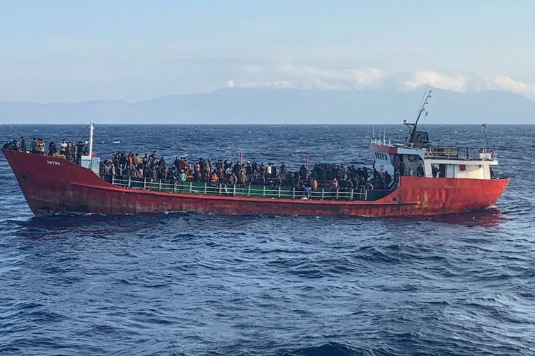 A ship carrying migrants during a rescue operation, off the island of Crete