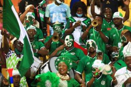 Nigeria supporters cheer prior to the Africa Cup of Nations (CAN) 2021 round of 16 football match